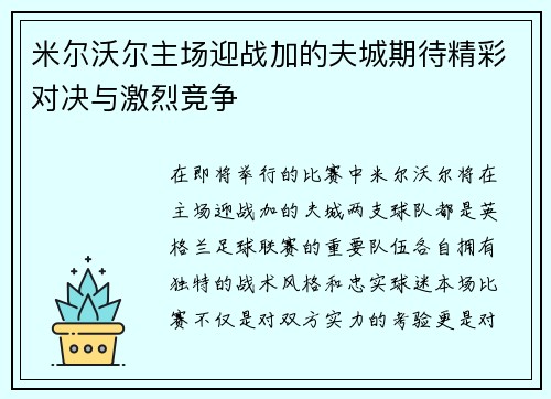 米尔沃尔主场迎战加的夫城期待精彩对决与激烈竞争